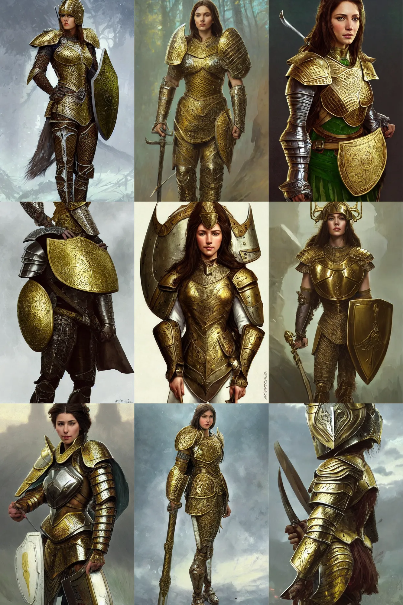 Prompt: full body portrait of a female warrior medium length brown hair and a very very highly detailed face wearing elegant golden plate mail armor intricately painted with green and white white accents, holding a rectangular tower shield, very highly detailed, artstation, cgsociety, realistic character concept art, sharp focus, by greg rutkowski, artgerm, and alphonse mucha