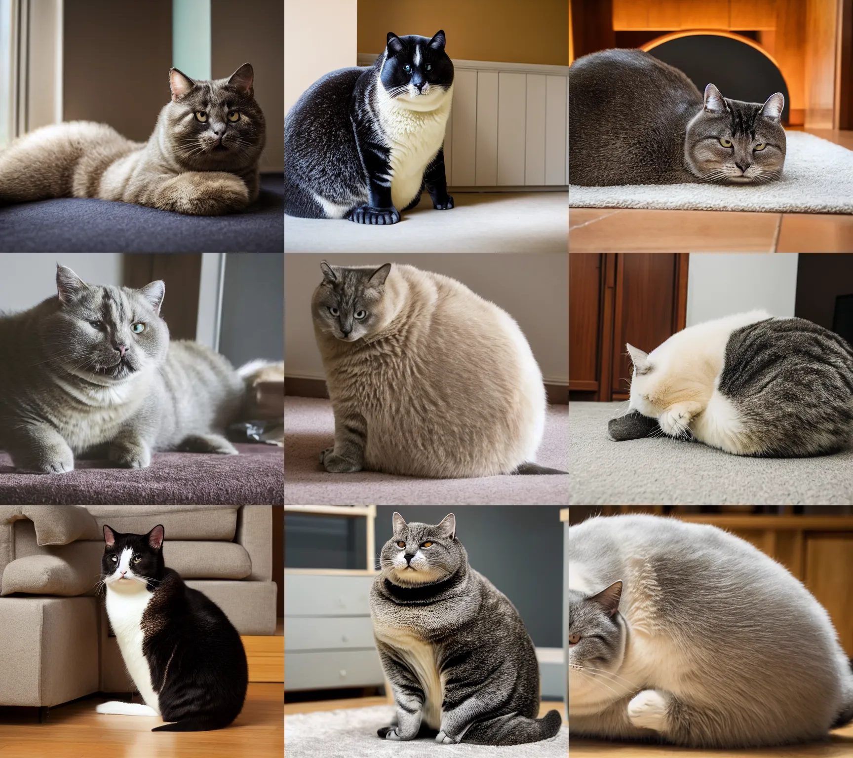 Image similar to a huge Chonker Cat sitting indoors, oh lawd he coming, professional photo, full body view, beautiful cat feet, ((((((((((((seal like figure)))))))))))), XF IQ4, 150MP, 50mm, F1.4, ISO 200, 1/160s, natural light
