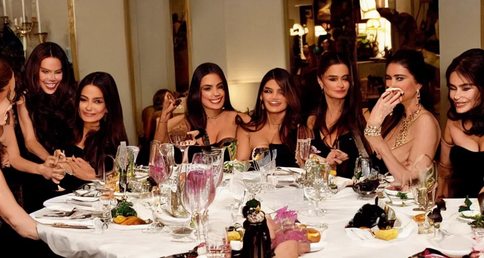 Prompt: candid group photo of sofia vergara and salma hayek and penelope cruz and catherine zeta jones and eva mendes, sitting around a long table at a dinner, laughing