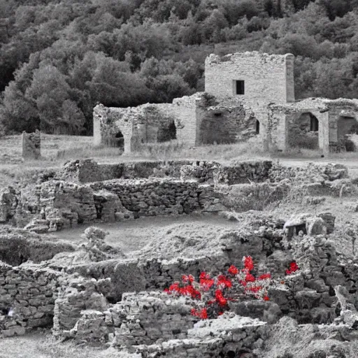 Image similar to the ruins of a village made out of stone, overgrown with red vines