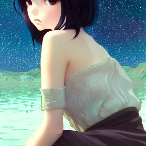 Image similar to very tiny girl by artgerm, green eyes and long black hair by ilya kuvshinov, sitting in a crystal clear lake painted by van gogh, rtx reflections, octane render 1 2 8 k, extreme high intricate details by wlop, digital anime art by ross tran, wide shot, composition by tom bagshaw, lighting by wlop