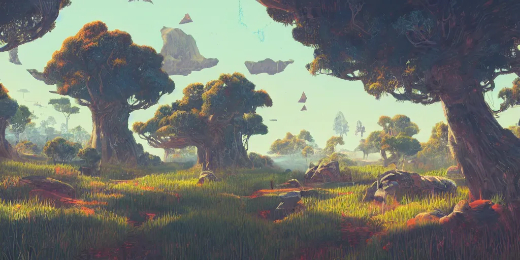 Image similar to landscape illustration at noon by james jean painted in no mans sky style, redshift, octane