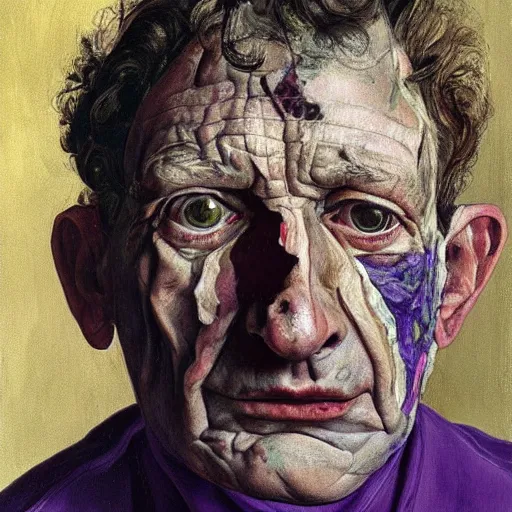 Image similar to high quality high detail painting by lucian freud, hd, old face with purple scars
