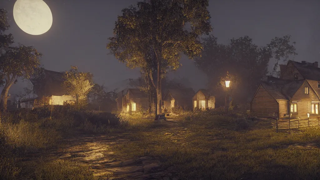 Prompt: A dark shadowy cottage at night, hyperrealistic, Cryengine 8k UHD