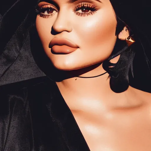 Image similar to kylie jenner wearing black robe and golden necklace cinematic photoshoot high quality highly affordable photo realistic 8 k hd