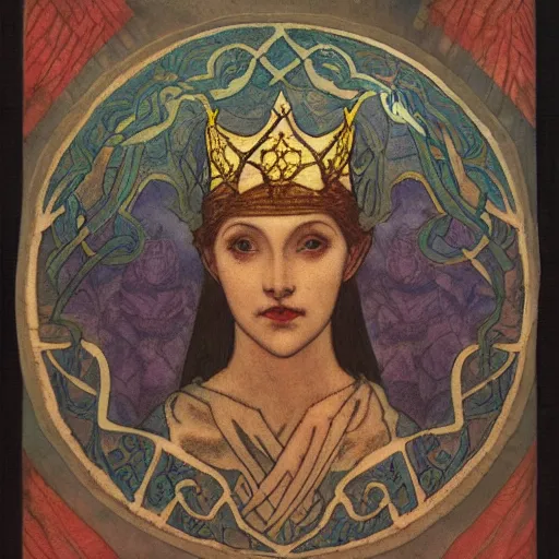Image similar to the lantern crown, by Annie Swynnerton and Nicholas Roerich and Edmund Dulac, embroidered brocade, tattoos, elaborate costume, geometric ornament, symbolist, rich colors, dramatic lighting, smooth, sharp focus, extremely detailed