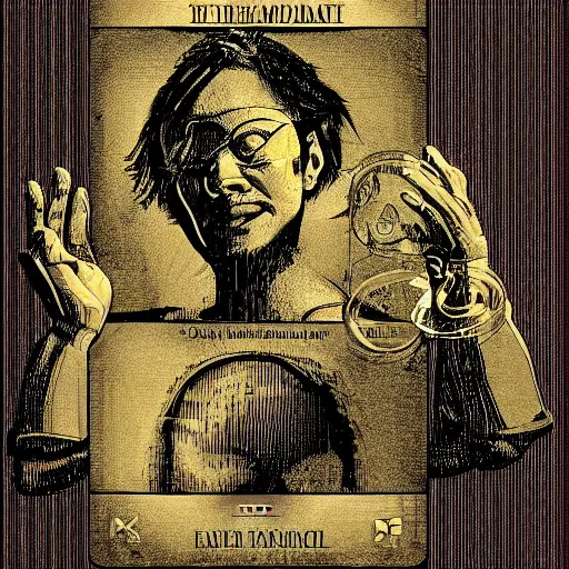 Image similar to portrait, a powerful alchemist, detailed golden tarot card, Geometric, Halftone, Hyperrealistic, Render, in the style of Jonathan Yeo,