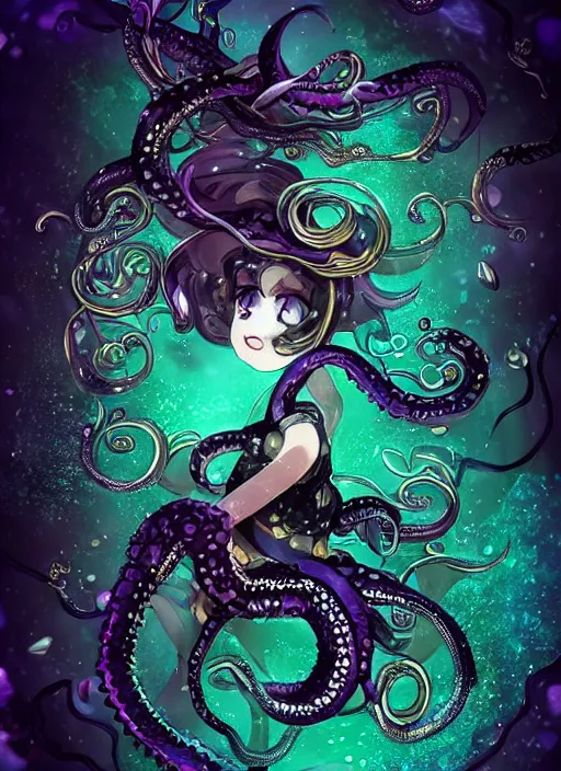 Image similar to A full shot of a Kawaii sea creature from the Abyss made of opals and oil wearing a black dress made of serpents and crystal. Fully Clothed. Under Water. Shallow Depth of Field. Tilt Shift. Symmetrical. Deepsea photography. Dark foreboding Atmosphere. Sailor Moon. Tentacles. Kawaii. Caustic refraction. Demon Horns, Angel Wings, By Lisa Frank and Giger and Ruan Jia and Artgerm and Range Murata and WLOP. Key Art. Fantasy Illustration. award winning, Artstation, intricate details, realistic, Hyperdetailed, 8k resolution.