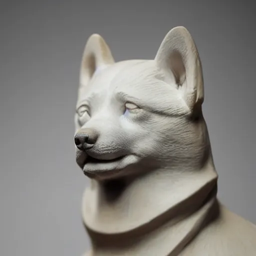 Prompt: an ancient greek sculpture of a shiba inu in white marble, close up photo, museum, ultra realistic, studio photo, bokeh, detailed.