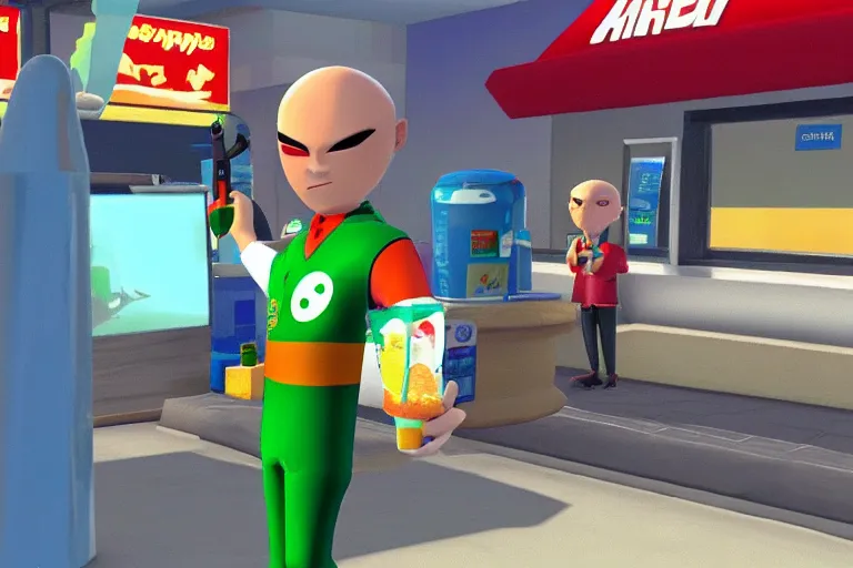 Image similar to agent 4 7 ordering a slurpee at 7 1 1, gamecube wind waker screenshot