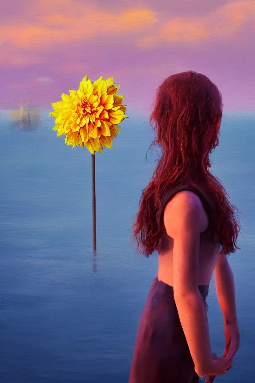 Image similar to closeup girl with huge yellow dahlia flower face, on the beach, surreal photography, blue sky, sunrise, dramatic light, impressionist painting, digital painting, artstation, simon stalenhag