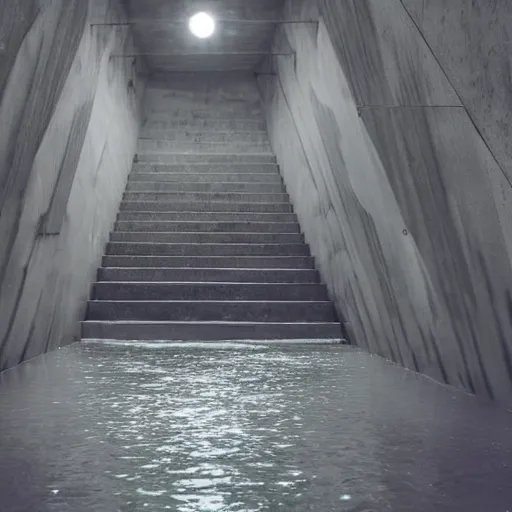 Image similar to dingy abandoned concrete room, triangular room, gray, museum, concrete staircase leading down, staircase flooded with water to create a moon pool, Photograph.