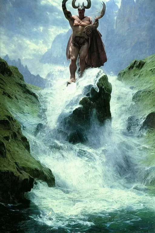 Image similar to martyn ford as huge horned armoured demon wearing cape and emerging from lake in canadian rockies, water splashing cascading, beautiful day, by albert bierstadt, ruan jia, lawrence alma tadema, zdzislaw beksinski, norman rockwell, jack kirby, tom lovell, greg staples