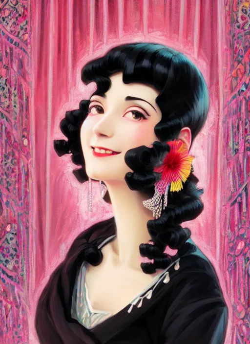 Image similar to a smiling beautiful dancer with black hair in 1920's fashion, living room background, intricate, highly detailed, digital painting, artstation, official media, anime key visual, concept art, rich vivid colors, ambient lighting, sharp focus, illustration, art by Artgerm, Makoto Shinkai, Ilya Kuvshinov, Lois Van Baarle, and Rossdraws