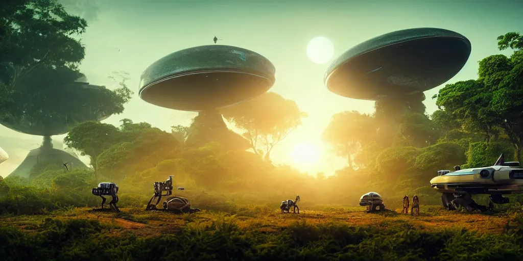 Image similar to a huge futuristic rusty old alien spaceship, next to it a smaller exploration vehicle on a landing pad, surrounded by a lush alien jungle, in the foreground two explorers are arguing next to tiny animals!!, (the animals are walking around), sunset, volumetric light, hyperdetailed, artstation, cgsociety, 8k