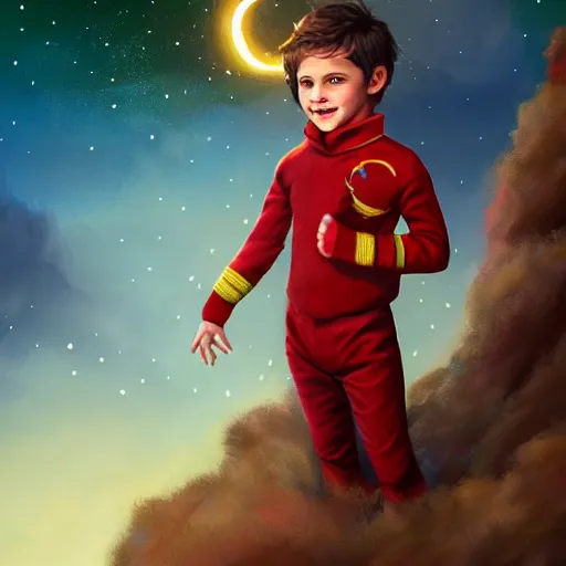 Image similar to colorful and festive captivating young child boy, brown fluffy hair, wearing red and yellow hero suit, shooting a crescent moon out of his fist. full body, rich vivid colors, ambient lighting, dynamic lighting, 4 k, atmospheric lighting, painted, intricate, highly detailed by charlie bowater