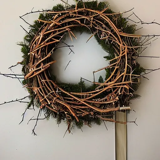 Prompt: a wreath made of twigs and small animal bones