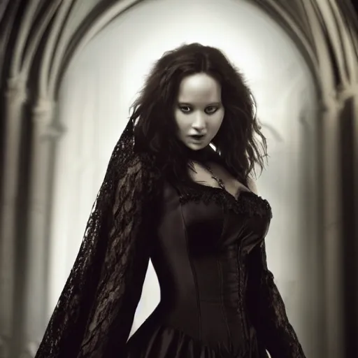 Prompt: jennifer lawrence as a vampire in a gloomy gothic cathedral at night