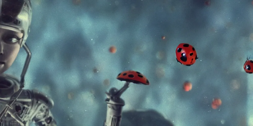 Prompt: a 3 d rendered movie still from a distance of 3 0 m of a ladybug 1 million years from now. the ladybug is sentient, wears tiny spacesuit, and travels the stars in a super trippy space ship. science fiction blockbuster movie ladybugs rule the world, imax 7 0 mm. bladerunner.