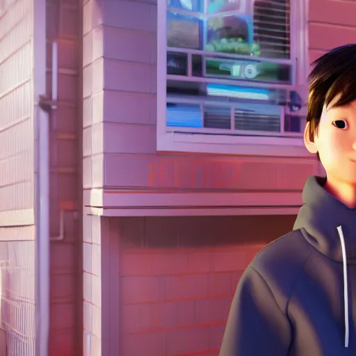 Prompt: teen japanese boy standing in front of his home in san fransokyo, close up portrait photo, pixar film, big hero 6, hyper detailed, digital art, trending on artstation, cinematic lighting, studio quality, smooth render, unreal engine, octane render