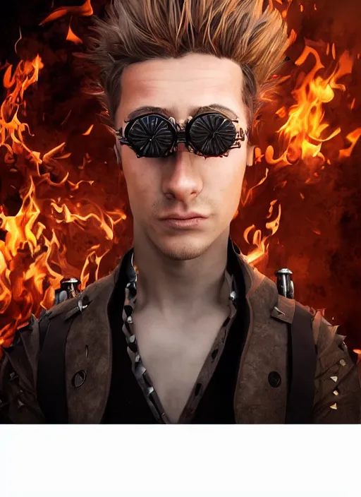 Image similar to An epic fantasy comic book style portrait painting of young man with red spiked long hair, using an steampunk googles. Wearing a black waistcoat, white shirt. Fire on his hands. Unreal 5, DAZ, hyperrealistic, octane render, cosplay, RPG portrait, dynamic lighting