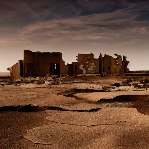 Image similar to a photo of a place where the desert meets the ocean, a ruined city in view, a survivor looks into the camera, concept art, art station - W 1024