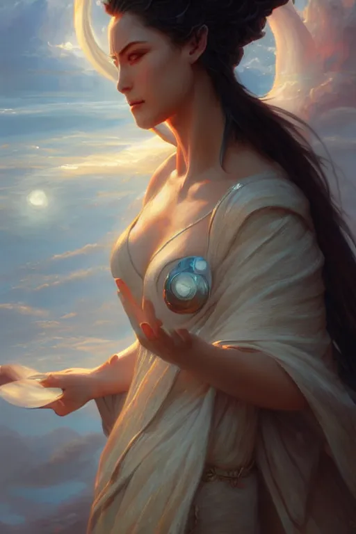 Prompt: goddess of the heaven twilight, highly detailed, digital painting, artstation, concept art, smooth, sharp focus, illustration, unreal engine 5, 8 k, art by artgerm and greg rutkowski and edgar maxence