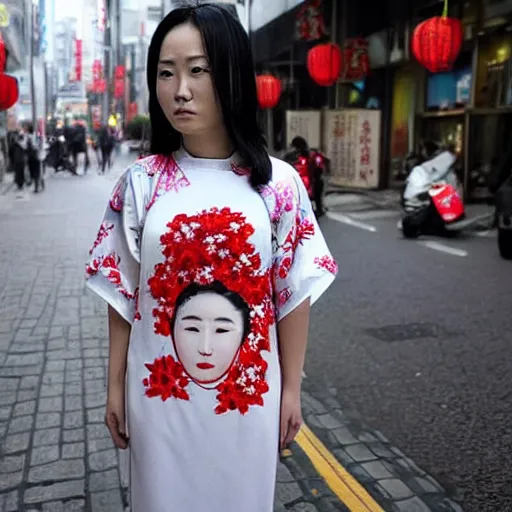 Prompt: a young woman wearing a white kimono decorated with images of red flowers and green leaves in the evening in huaihai street, detained by police