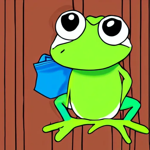 Prompt: cartoon, happy frog wearing a blue ikea bag as pants