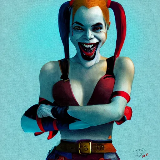 Prompt: Harley Quinn but she's a young ape kid girl, illustration, comic, by James Jean, by John Coltrane and Marc Simonetti, high detail of the face, full body