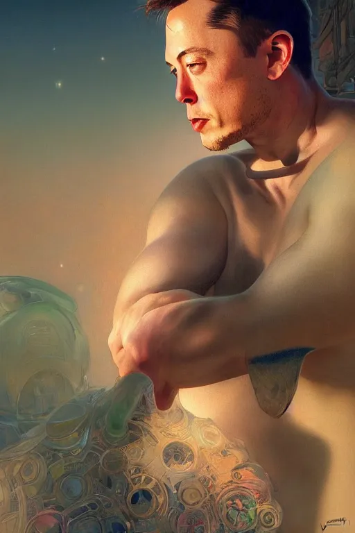 Prompt: photorealistic portrait photograph of elon musk, upper body, handsome, depth of field, soft focus, highly detailed, intricate, realistic, national geographic cover, soft glow, textured, artstation, concept art, sharp focus, illustration, art by artgerm and greg rutkowski and alphonse mucha