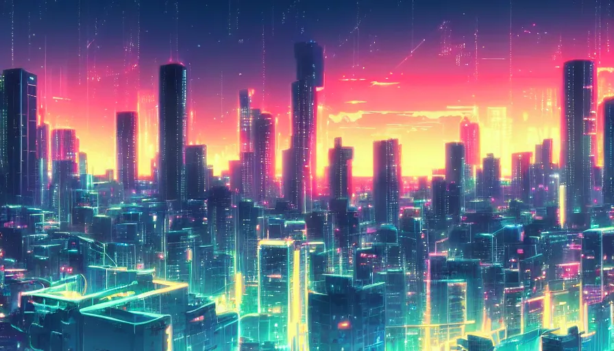 Image similar to beautiful anime synthwave cityscape by makoto shinkai