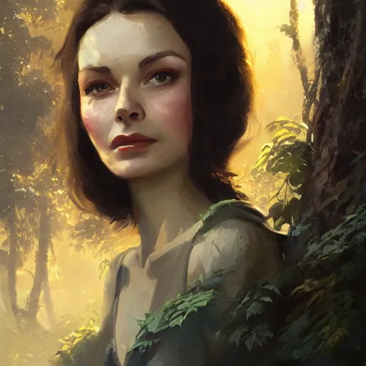 Image similar to closeup portrait of a young vivian leigh, forest background, megacity, gorgeous view, depth, high detail, digital art, painted by greg rutkowski, trending on artstation