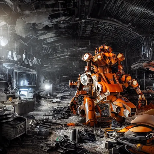 Image similar to cutlery mecha, dark messy smoke - filled cluttered workshop, dark, dramatic lighting, orange tint, cinematic, highly detailed, sci - fi, futuristic, movie still