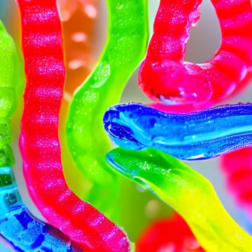 Image similar to macro image of a bowl full of gummy worms, realistic, glistening, slightly sprayed with water.