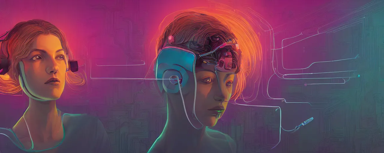 Image similar to A young woman with wires coming out of her head connecting to a computer, 4k wallpaper, digital art, deep colors, trending on arstation, by Victoria Rose, by Josan Gonzalez, by Juan Osorio