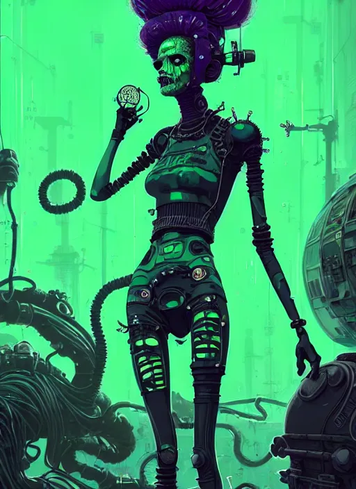 Image similar to highly detailed portrait of wasteland punk long dripping green poison hair tribal lady, stray wiring by atey ghailan, james gilleard, by joe fenton, by greg rutkowski, by greg tocchini, by kaethe butcher, 4 k resolution, gradient green, purple, black and white color scheme!!! ( ( green flaming robotic sewer background ) )