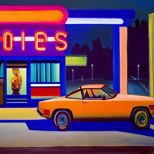 Image similar to a painting of an 80s diner with colorful lights, vintage sports cars are parked in front of it, it is night, the colorful lights of the diner light up the street, in the style of Edward Hopper, 4k,