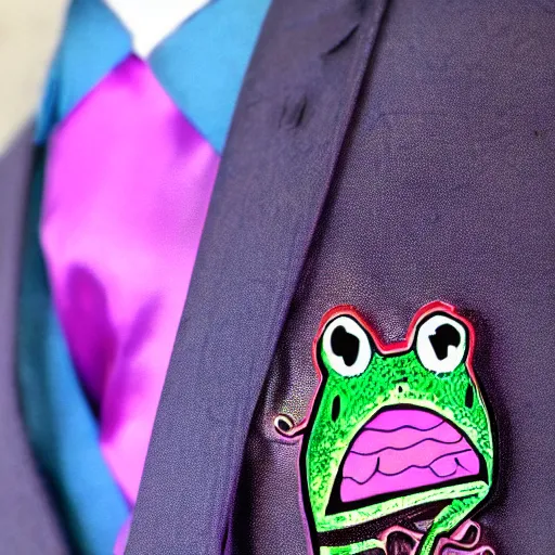 Image similar to frog rave pin on a suit jacket, psychedelic colours beautiful reflections