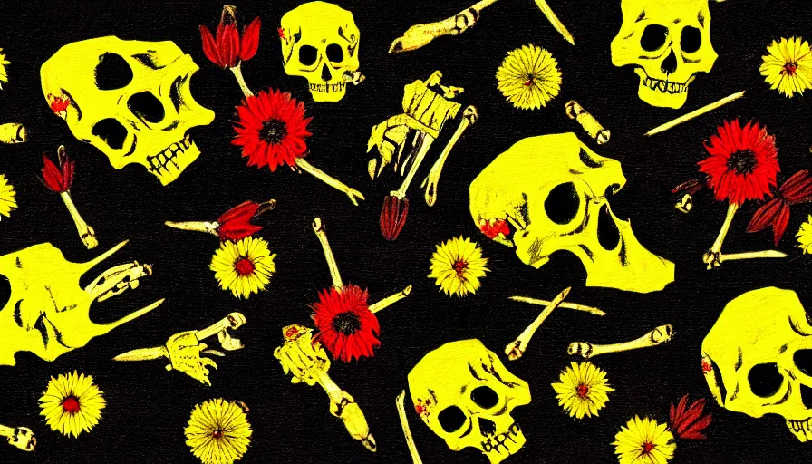 Prompt: black grass, yellow flowers, red eyes instead of buds, dark background, bones, skulls, impressionism