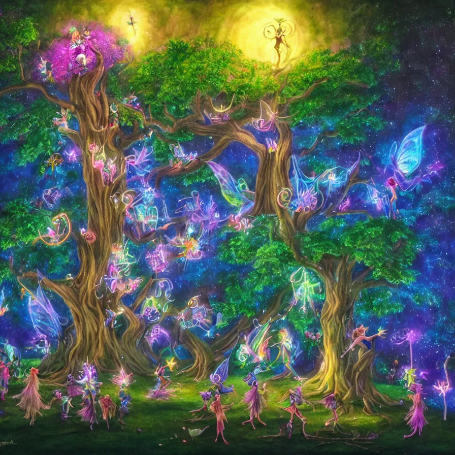 Image similar to a night carnival fairies around a magical tree next to a lake with iridiscent water, christmas lights, volumetric lightning, creatures and fantastic people disguised as fantastic creatures in a magical forest by summer night, masterpieceunderwater scene, masterpiece painted by kelton nelson, scene by night