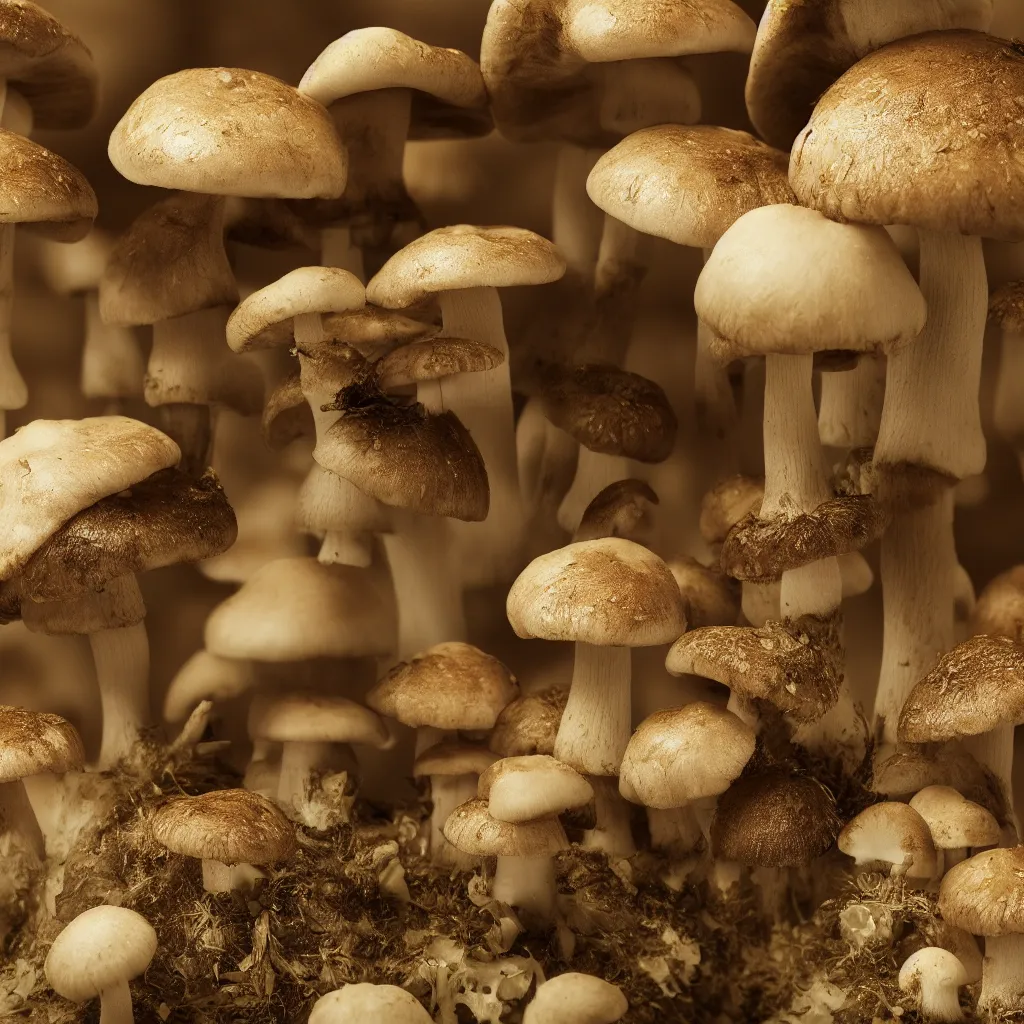 Prompt: very close macro photo of mushroom growing in a spheroid forest, 3d render, nightlight Study, by Jan Davidsz de Heem, 8k, extreme detail, sharp focus, cinema 4d render