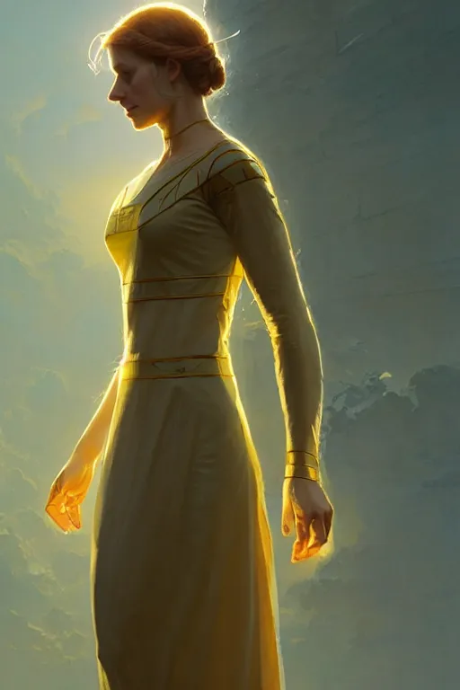 Prompt: invisible woman wearing an ancient greek tunic made of yellow paper, stephen bliss, unreal engine, fantasy art by greg rutkowski, rhads, ferdinand knab, makoto shinkai and lois van baarle, ilya kuvshinov, rossdraws, tom bagshaw, global illumination, radiant light