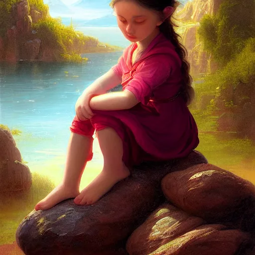 Image similar to a painting of a little girl sitting on a rock, a digital painting by thomas cole, cgsociety, metaphysical painting, 2 d game art, storybook illustration, detailed painting