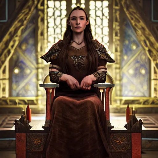 Image similar to the elder scrolls vi, charismatic regal brunette female jarl, portrait, throne room, atmospheric lighting, painted, intricate, volumetric lighting, beautiful, daytime, sunny weather, slight overcast, sharp focus, deep colours, ultra detailed, by leesha hannigan, ross tran, thierry doizon, kai carpenter, ignacio fernandez rios