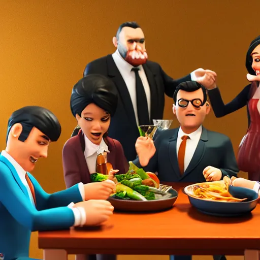 Prompt: a happy mafia family celebrating having dinner around a table, 3 d render octane, trending on artstation