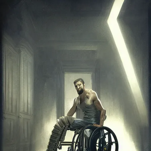 Image similar to handsome portrait of a wheelchair guy fitness posing, radiant light, caustics, heroic, smooth, one legged amputee, gehrnan, translucence, by gaston bussiere, bayard wu, greg rutkowski, giger, maxim verehin