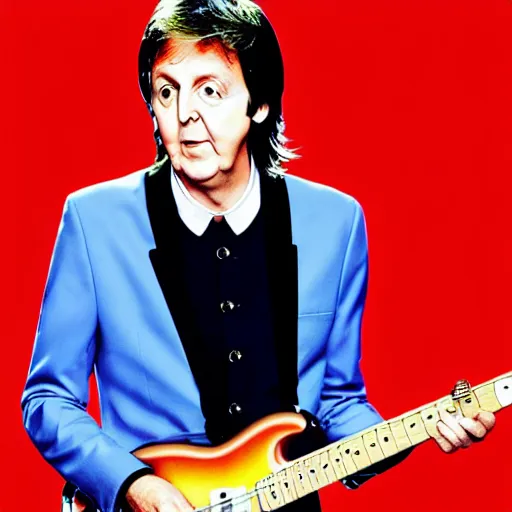 Image similar to Paul McCartney playing a Squier Hello Kitty Stratocaster, 8k, high definition, highly detailed, photorealistic