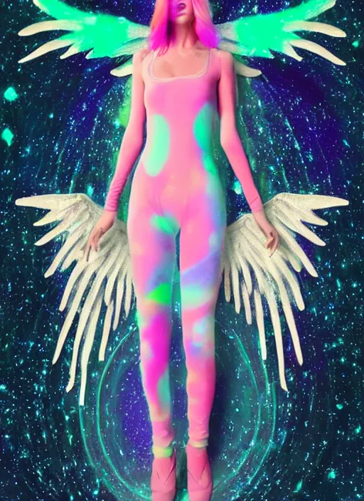 Image similar to a glowing skinny onesie suited angel spirit being, covered with pastel glitter glue slime, fashion model pose, full body maximalist cosmic eldritch character design, early computer graphics