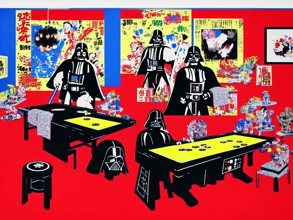 Image similar to hyper - realistic composition of a room with an extremely detailed poker table, woman in traditional japanese kimono standing nearby, darth vader sitting at the table, fireworks in the background, pop art style, jackie tsai style, andy warhol style, acrylic on canvas